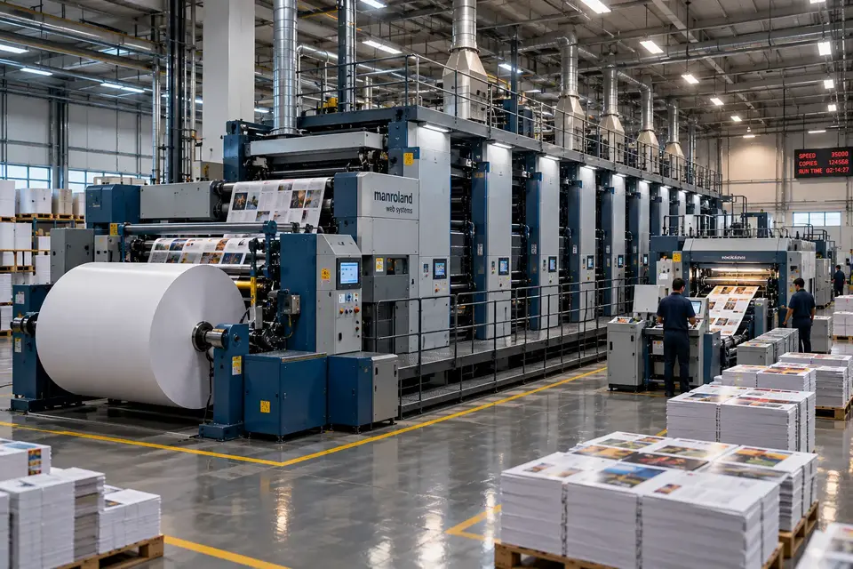 Web offset printing machine in operation